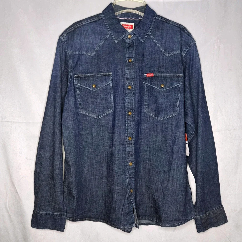 Wrangler Large Blue Five Star Premium Denim Western Pearl Snap Shirt
